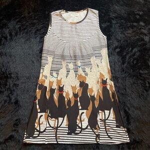 La Vie Lente Soft Sleeveless Dress Cat Print Striped with Pockets, Size s/m MCM